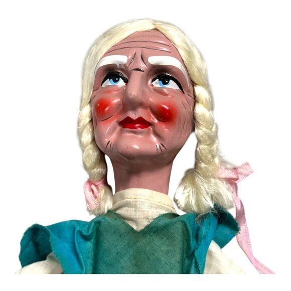 VTG Handmade Czech Marionette Puppet Grandma Blonde Grey Hair Braid Floral Dress - Picture 6 of 10